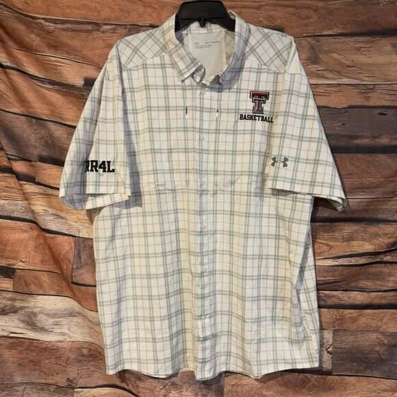 Texas Tech Under Armour 2XL Plaid Fishing Shirt Men Basketball Button Down RR4L - Picture 1 of 11